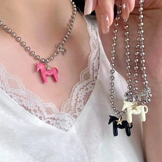 LATS Funny Cute White Black Pink Color Enamel Colt Horse Pendant Necklaces for Women Alloy Beads Chain Chokers Fashion Jewelry