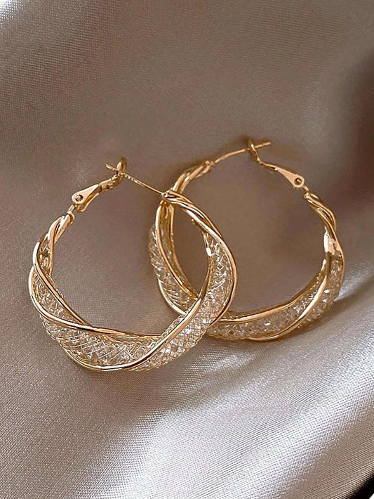 Hermosos pendientes de aro entrelazados de color dorado con malla intrincada, estilo elegante, para mujer, regalo de fiesta, joyería