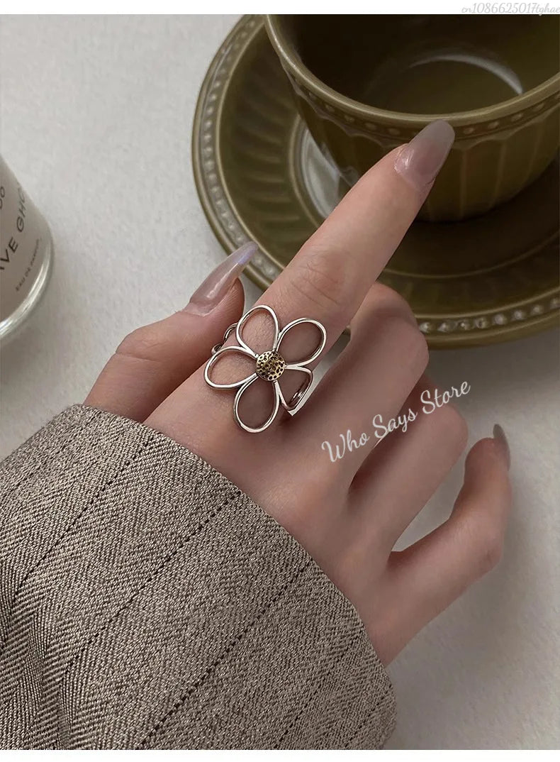 Sterling Silver Rings for Women Couple Minimalist Handmade Simple Big Flower Ring Party Jewelry Gift Prevent Allergy