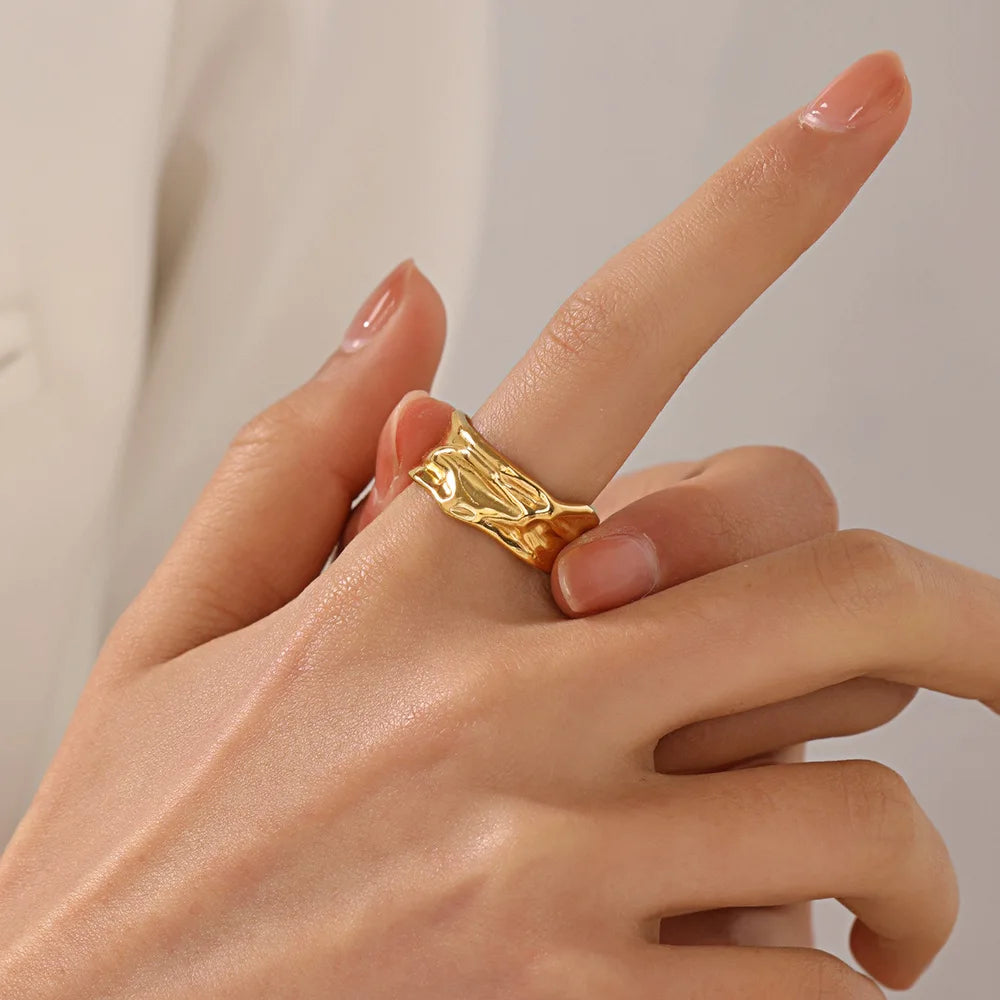 Stainless Steel Irregular Geometric Open Rings for Women Gold Color Texture Couple Wedding Ring Trendy Elegant Aesthetic Jewelry