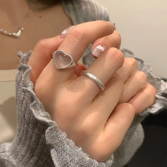 Anel geométrico de coração prateado para mulheres e meninas, moderno, simples, temperamento doce, casamento, noiva, joia estética, presente