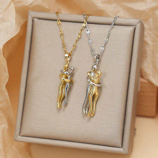 LATS Stainless Steel Couple Hugging Pendant Necklace for Women Men Silver Color Love Chain Good Friend Gifts Fashion Jewelry