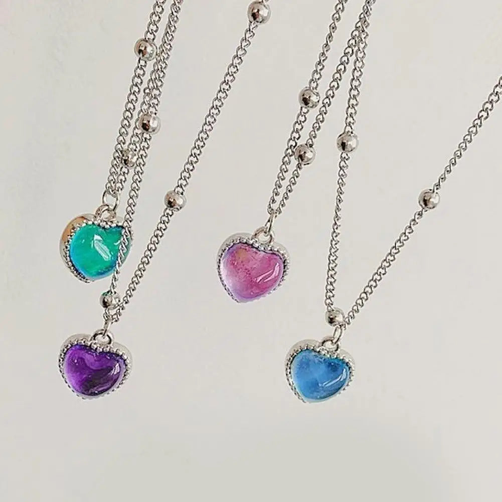 Thermochromic Mood Heart Pendant Necklace Korean Temperature Color Change Necklace Sensitive Stone Clavicle Chain Lover Jewelry