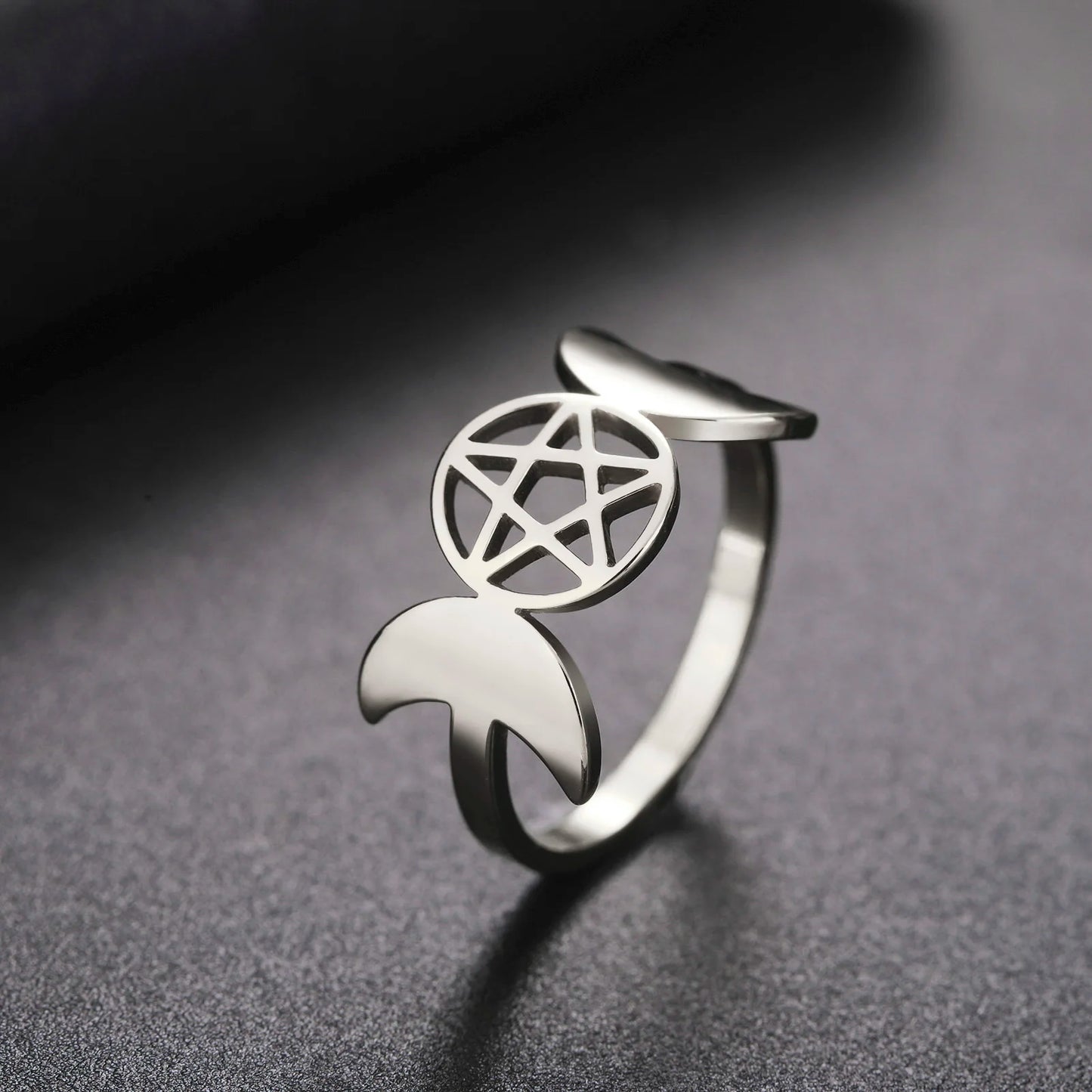 COOLTIME Pentagram Triple Moon Goddess Symbol Rings for Women Men Stainless Steel Crescent Star Ring Vintage Wicca Jewelry Gift