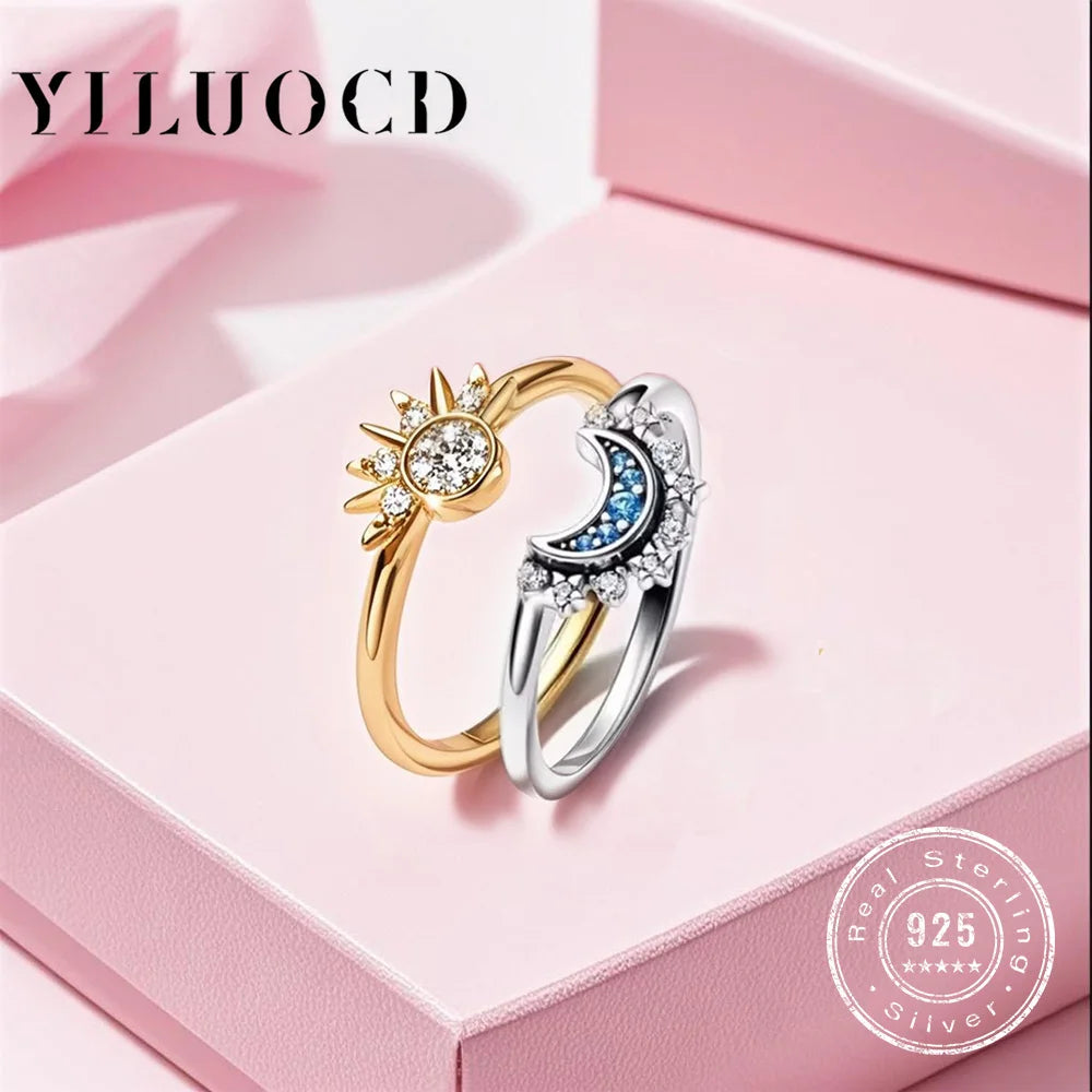 925 Silver Sun and Moon  Couple Ring Set Sky Blue Sparkling Cubic Zirconia Rings Promise Fine Jewelry Gifts for Valentines Day