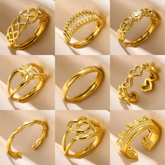 Stainless Steel Rings for Women Gold Color Couple Jewelry Aesthetic Accessorie Adjustable Punk Embossed Hollow Ring