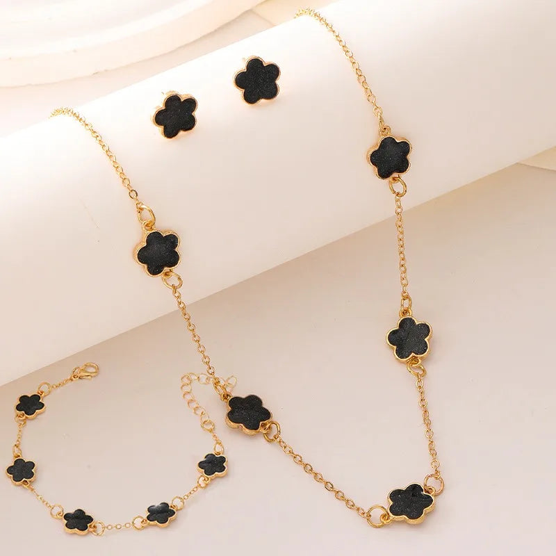 3pcs/set Lucky Five-petal Flower Necklace Bracelet Earrings Set for Women Elegant Clover Fashion Party Jewelry Gifts Accessories
