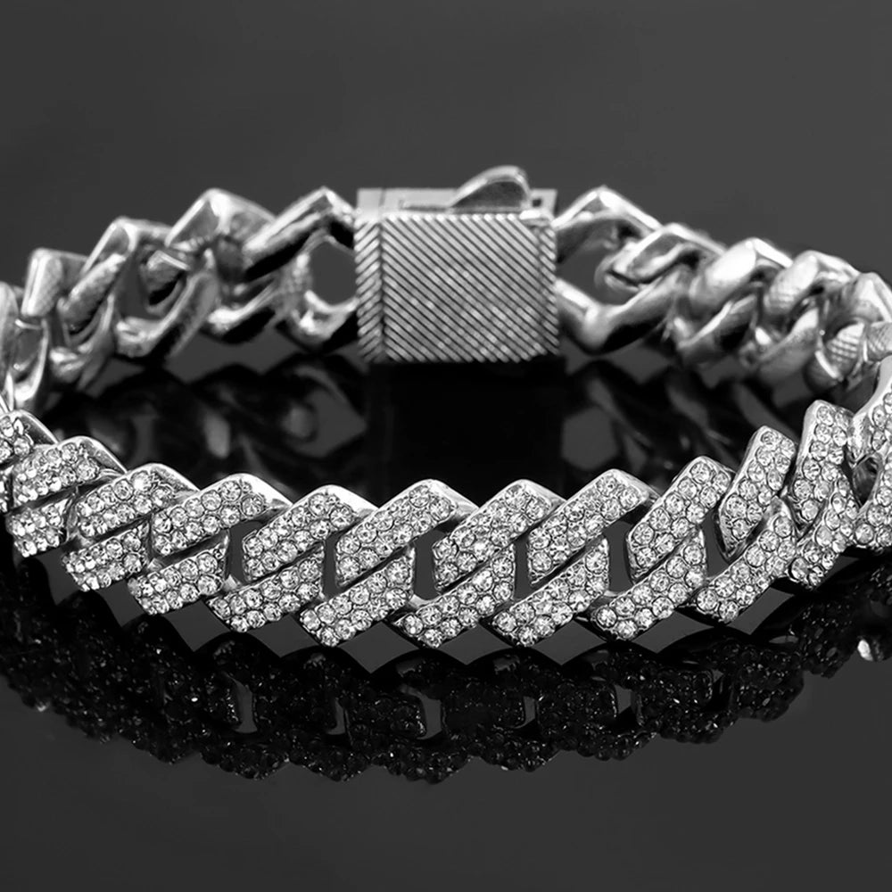 16/18/20/22/24inch Gold Color Cuban Link Chain for Women Men 2 Row Rhinestone Rhombus Prong Cuban Necklaces Hip Hop Jewelry