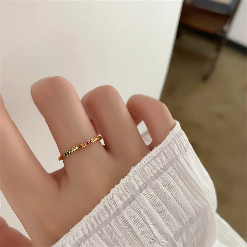 INS Stainless Steel Rainbow Color Cubic Zircon Stone Finger Rings for Women Gold Plated Waterproof Stacker Ring Jewelry Gift