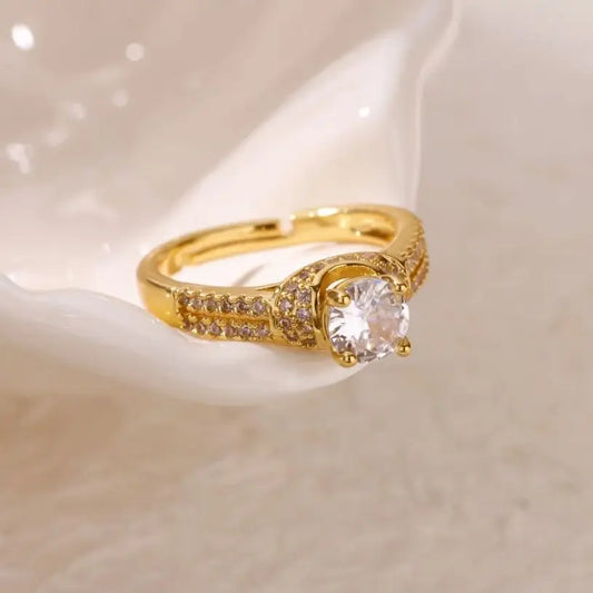 Zircon Round Rings For Women Gold Color Geometric Round Adjustable Ring Wedding Anniversary Waterproof Jewelry Gift