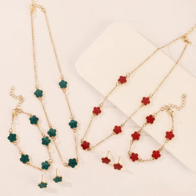 3pcs/set Lucky Five-petal Flower Necklace Bracelet Earrings Set for Women Elegant Clover Fashion Party Jewelry Gifts Accessories