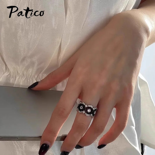 Elegant Genuine 925 Sterling Silver Rings for Women Wedding Engagement Anniversary Accessory Black Color Geometric Modern Design
