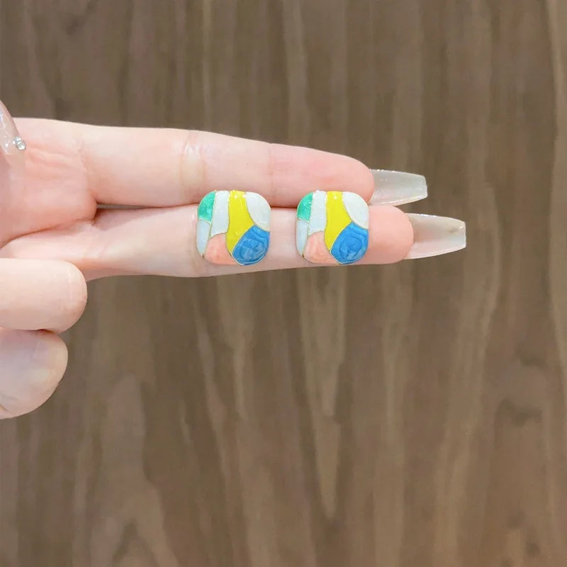 Colorful Glaze Water Drop Women's Stud Earrings Blue Pink Enamel Multi-colored Grids Small Square Earrings for Girls Boho Jewery