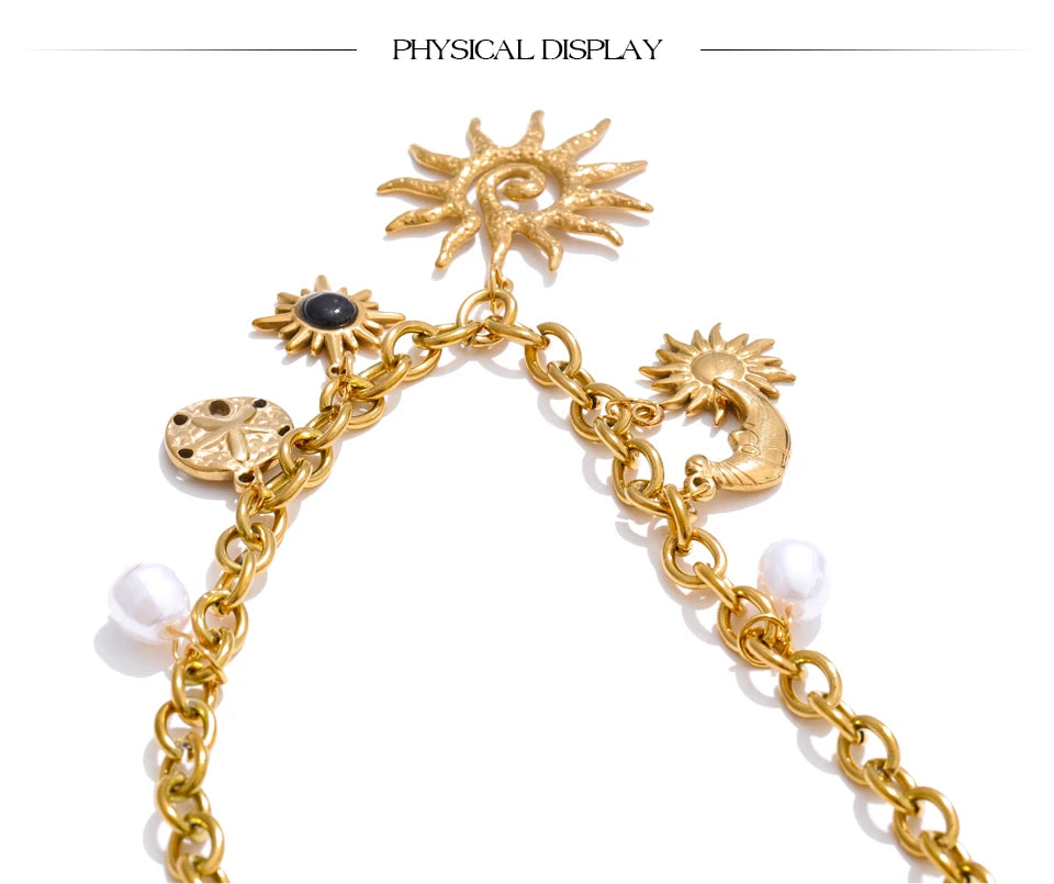 Yhpup Trendy Starfish Moon Sun Shaped Pendant Charm Necklace Statement Stainless Steel Golden Chain Fashion Jewelry PVD Plated