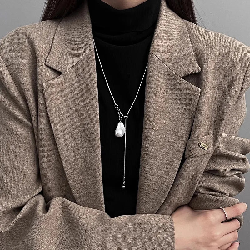 LATS Stainless Steel Long with Baroque Pearls Necklace for Women Adjustable Chain Sweater Accessories Fashion Jewelry