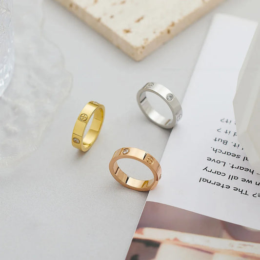 Classic Stainless Steel Cross with Zircon Love Rings for Women Men Couple Finger Ring Luxury Jewelry Wedding Party Gift