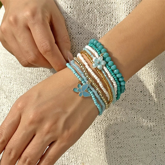 9 Pcs Bohemian Butterfly Flower Beaded Bracelet for Women Handmade Rice Beads Stacked Bracelet Bangles Set Girls Party Jewelry