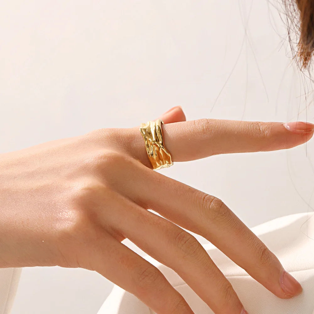 Stainless Steel Irregular Geometric Open Rings for Women Gold Color Texture Couple Wedding Ring Trendy Elegant Aesthetic Jewelry