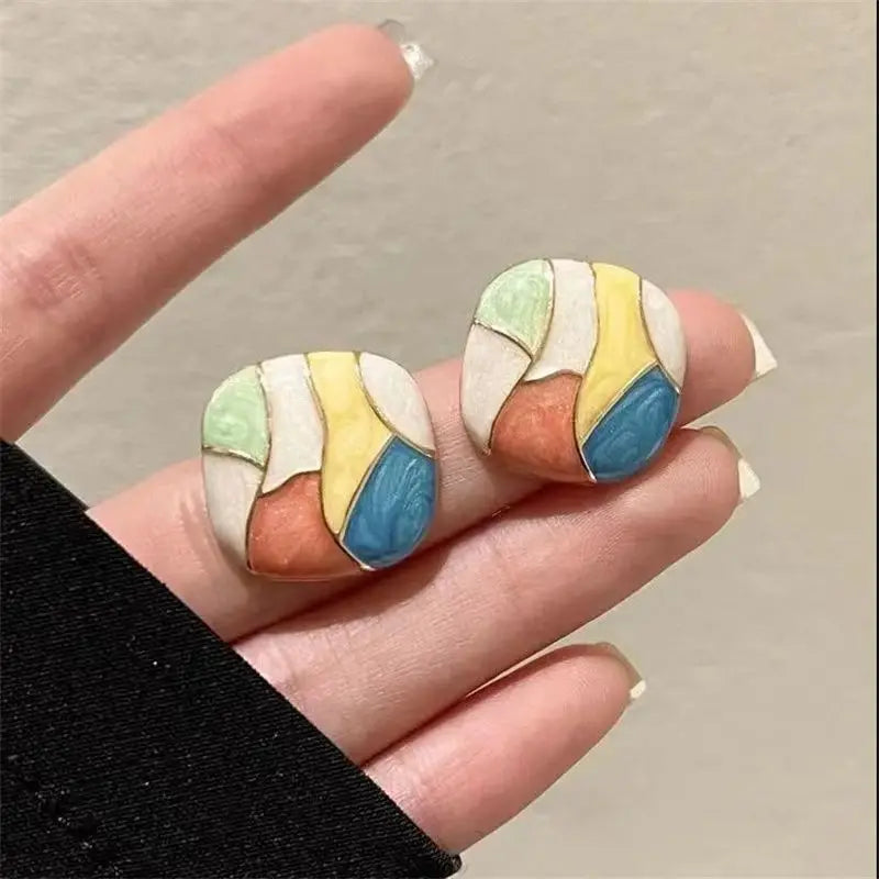 Colorful Glaze Water Drop Women's Stud Earrings Blue Pink Enamel Multi-colored Grids Small Square Earrings for Girls Boho Jewery