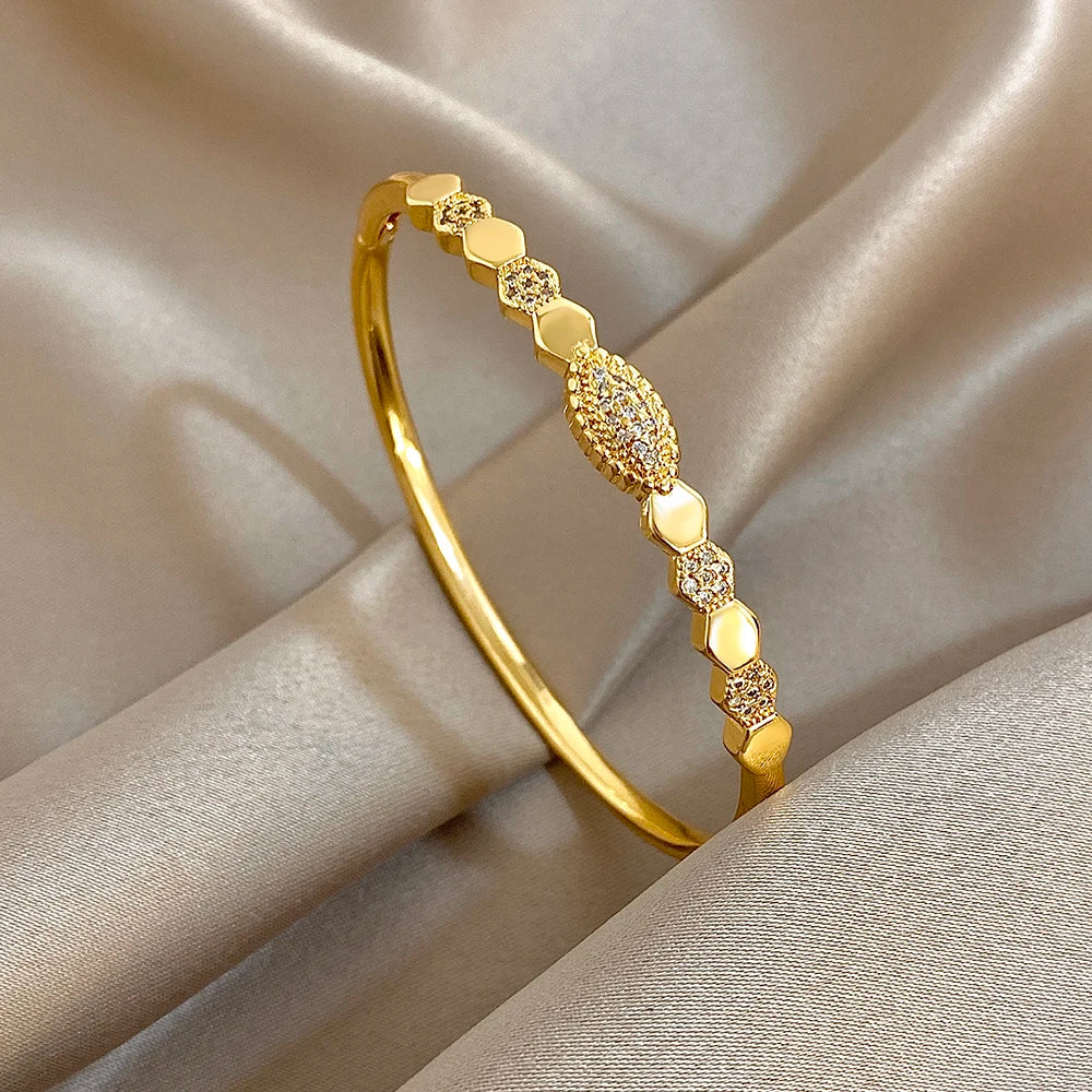 Flashbuy Gold Color Chic Inlaid Zircon Copper Bangle Bracelet For Women Statement New Design Temperament Wrist Fashion Jewelry