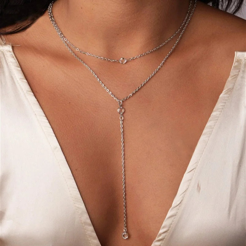 Popular Double Layered Long Tassel Y-Shaped Necklace for Women Simple Metal Collarbone Chain Summer Holiday Party Body Jewelry