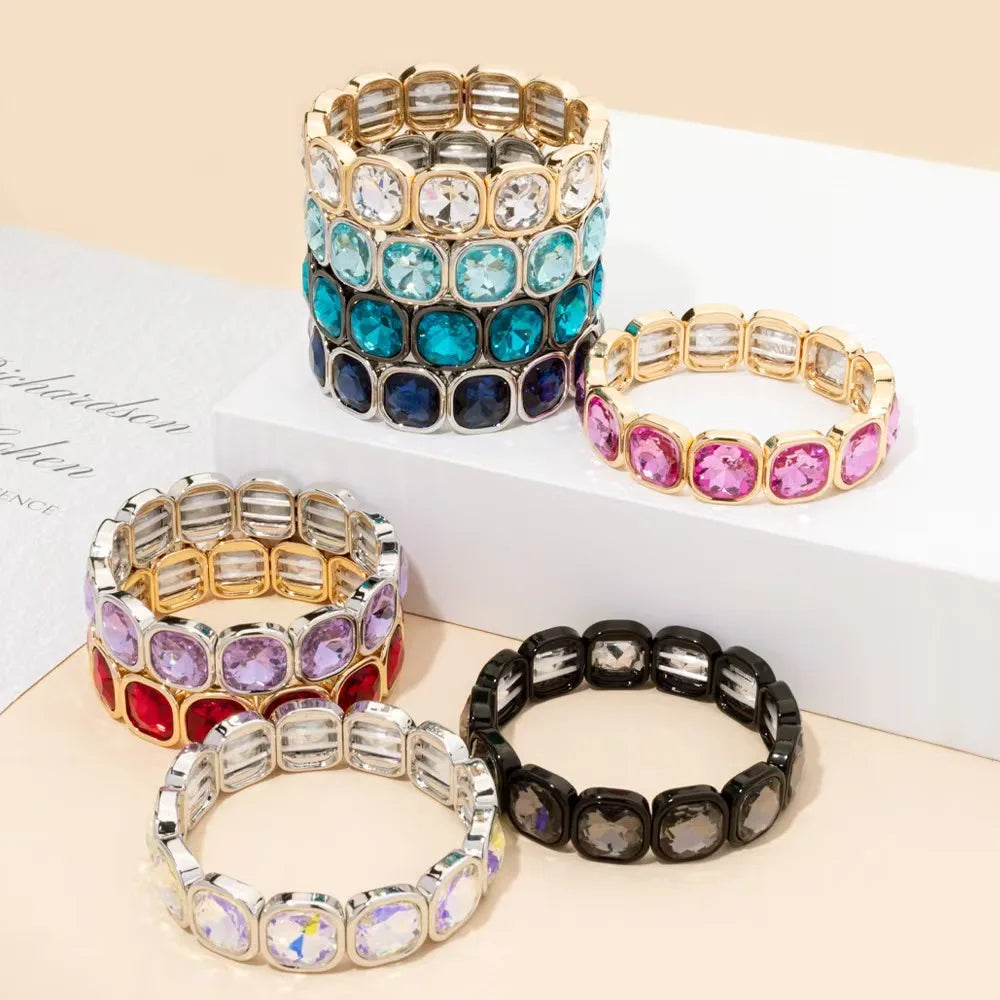 Boho Style Fashionable Light Luxury Square Beaded Inlaid Crystal Elastic Rope Bracelet Women's Jewelry