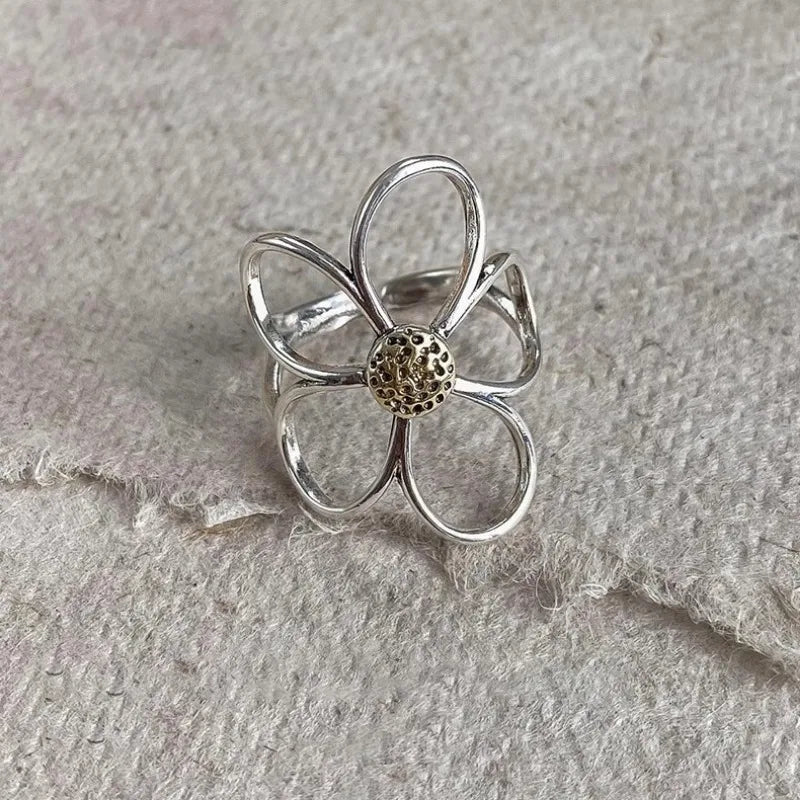 Sterling Silver Rings for Women Couple Minimalist Handmade Simple Big Flower Ring Party Jewelry Gift Prevent Allergy