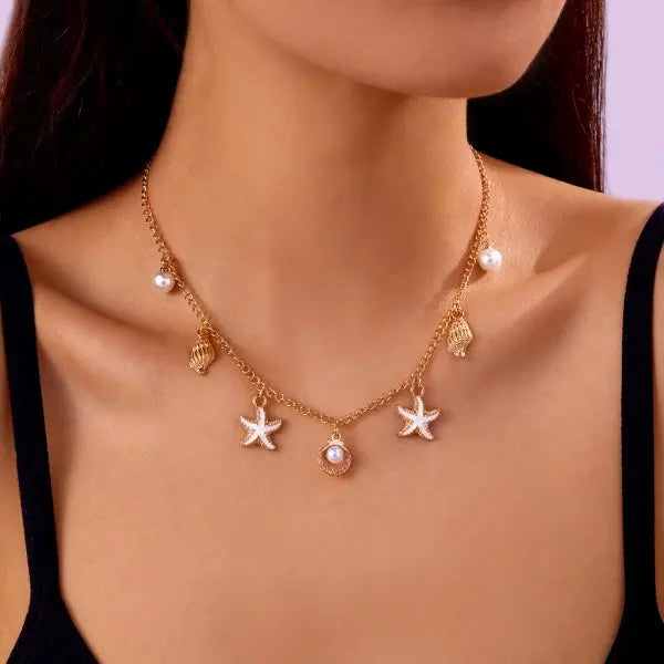 Fashion Gold Color Starfish Conch Turtle Pendant Necklace for Women Handmade Shell Chain Necklace Summer Beach Party Jewelry