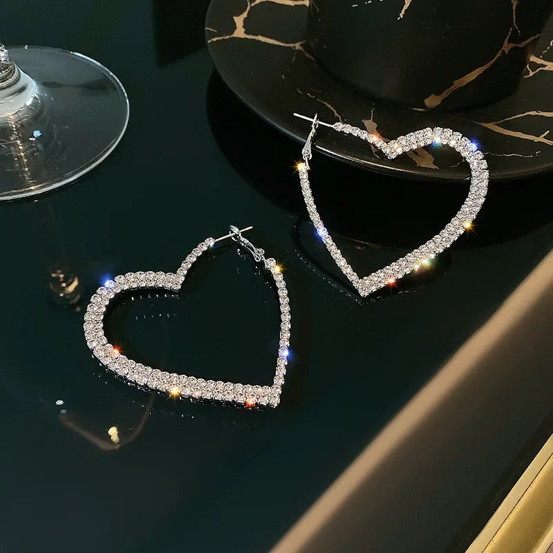 Delicated Shiny Full Crystal Rhinestones Heart Hoop Earrings for Women Girls Personality Banquet Earring Anniversary Jewelry6165
