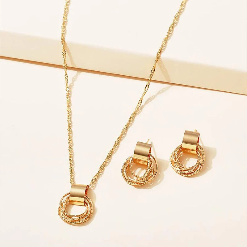 2 PCS Set Multiple Small Circle Pendant Earring Set Gold Plating Link Chain Wedding Party Jewelry Set Silver Color Stud Earring
