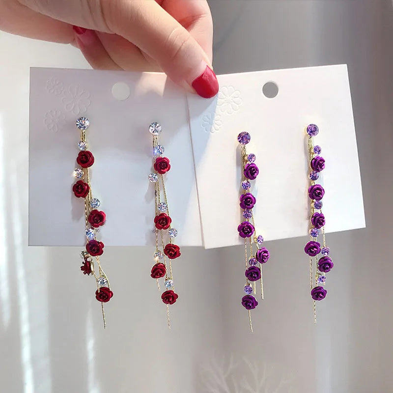 New Rose Flower Long Tassel Dangle Earrings Women Blue Red Green Rhinestone Flowers Hanging Earring Girls Party Wedding Jewelry