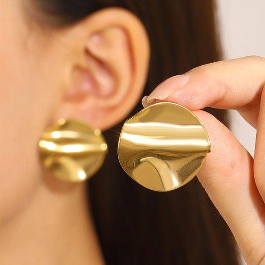 LATS - Nuevos pendientes geométricos plisados de acero inoxidable para mujer, chapados en oro, estilo retro brillante, con diseño irregular, accesorios de joyería de moda