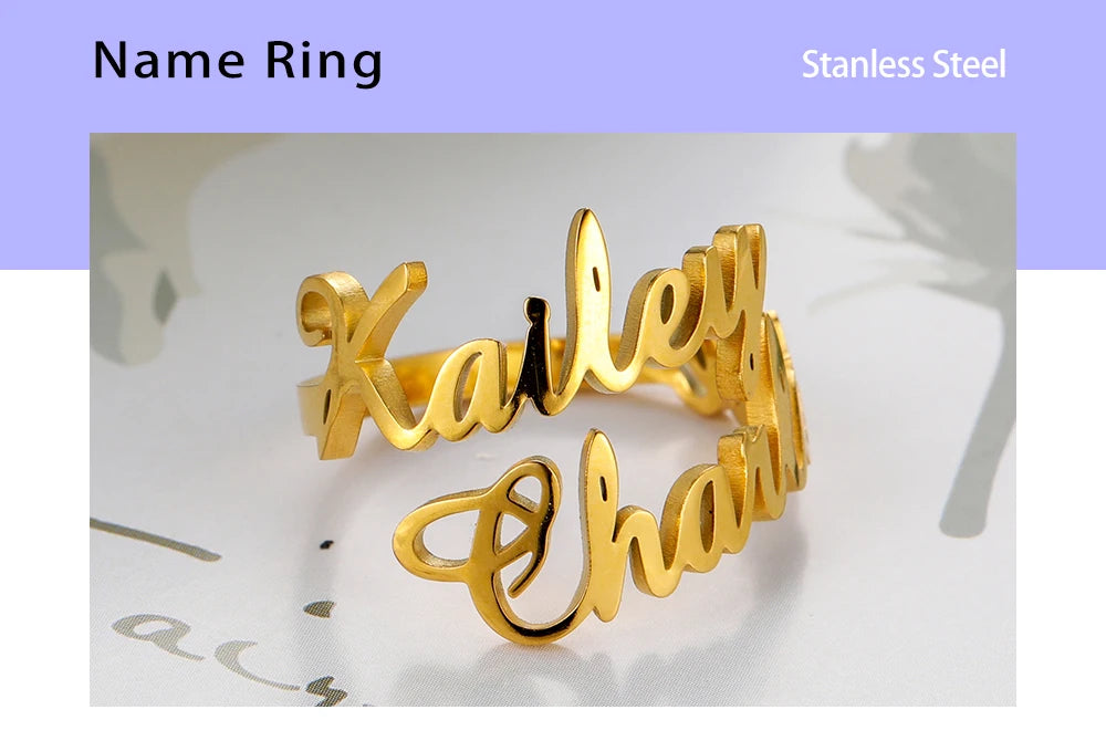 Custom Double First Name Finger Ring For Women Men Personalized Rings Couple Family Gift Gold Color Stainless Steel Jewelry