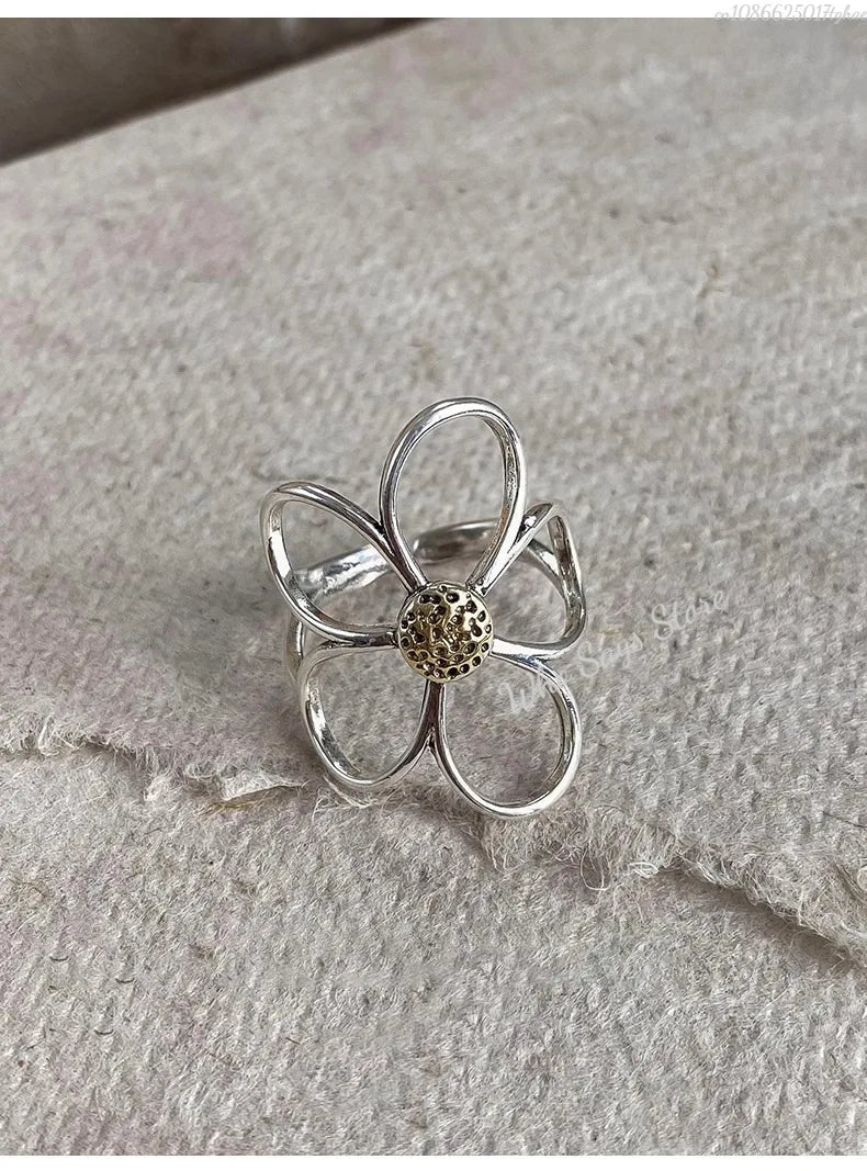 Sterling Silver Rings for Women Couple Minimalist Handmade Simple Big Flower Ring Party Jewelry Gift Prevent Allergy