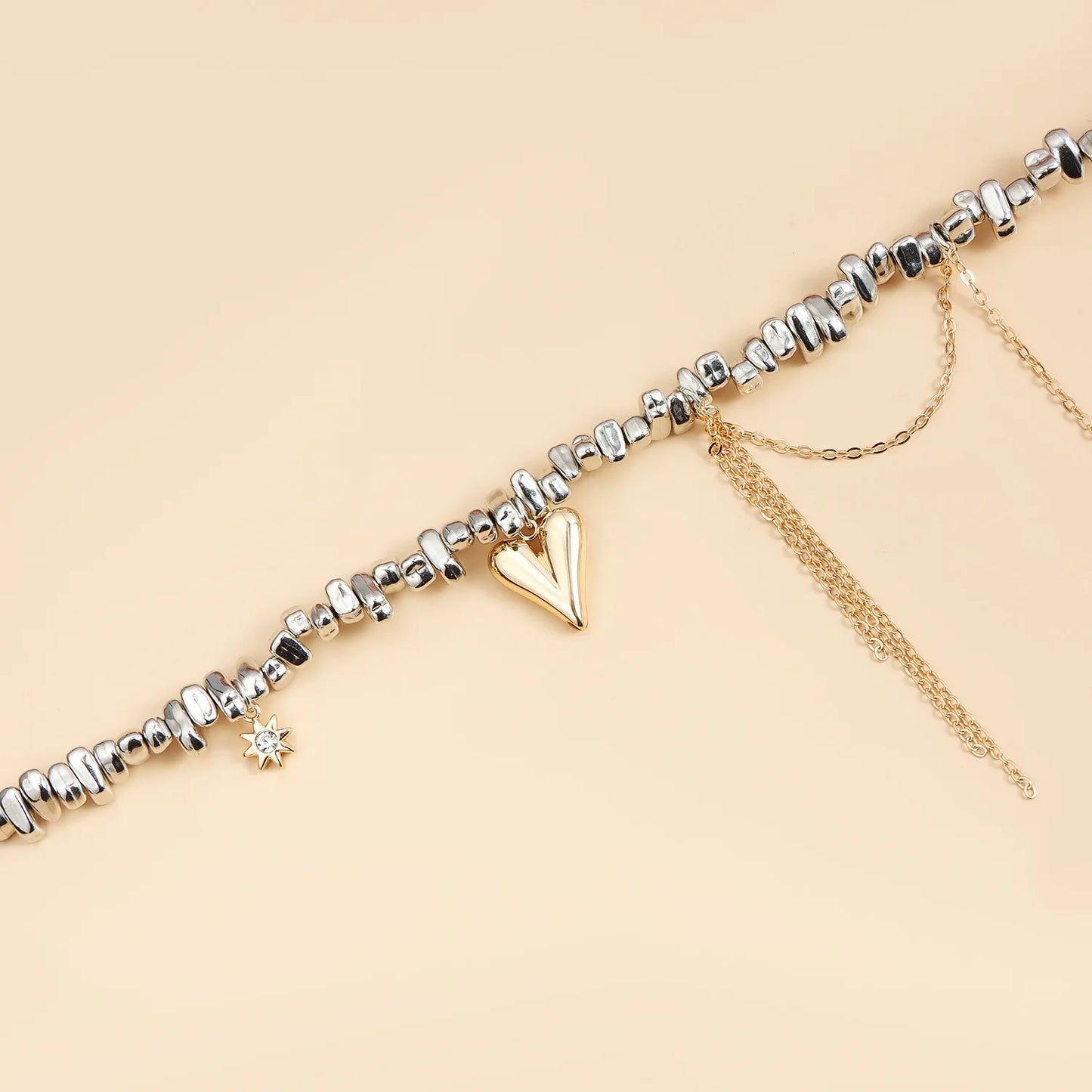 LATS Heart Beaded Necklace Women Boho Crystal Class Gravel Clavicle Chain Cool Y2K Choker Exquisite Fashion Jewelry