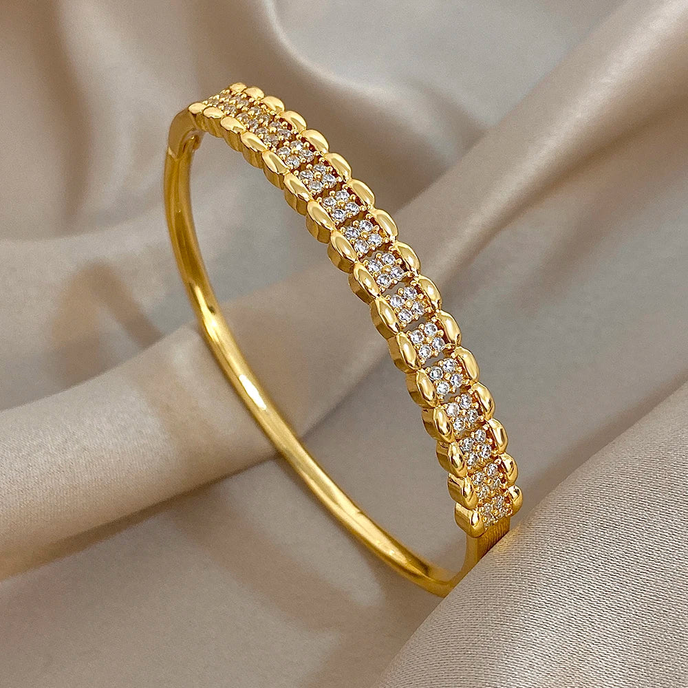Flashbuy Gold Color Chic Inlaid Zircon Copper Bangle Bracelet For Women Statement New Design Temperament Wrist Fashion Jewelry