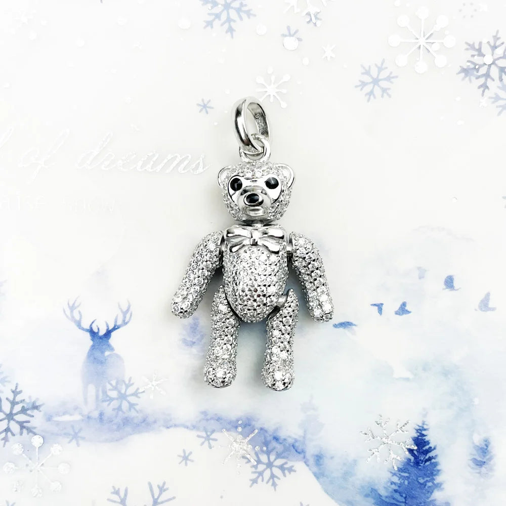 Pendant Teddy Bear Rotatable Limbs & Head 925 Sterling Silver With White Zirconia Fine Romantic Jewelry Trendy Gift For Woman