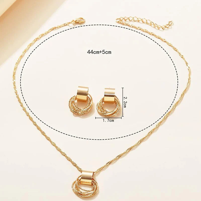 2 PCS Set Multiple Small Circle Pendant Earring Set Gold Plating Link Chain Wedding Party Jewelry Set Silver Color Stud Earring