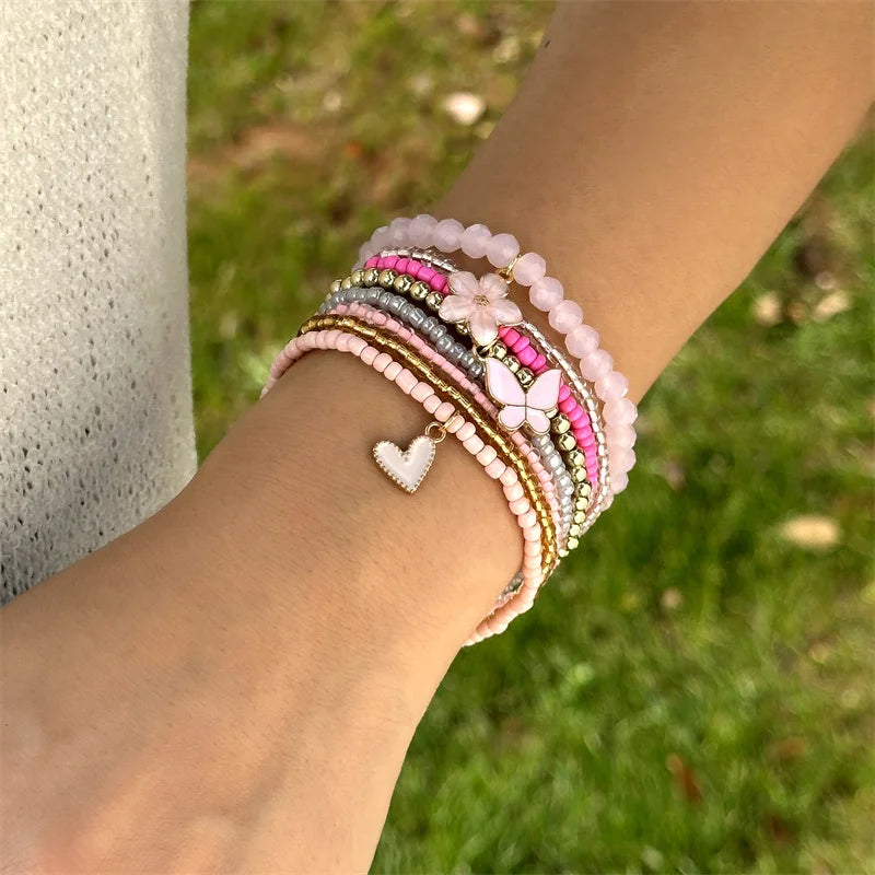 9 Pcs Bohemian Butterfly Flower Beaded Bracelet for Women Handmade Rice Beads Stacked Bracelet Bangles Set Girls Party Jewelry
