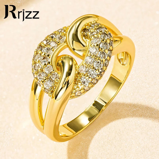 Rrjzz AAAAA CZ Simulated Diamond Unique Ring Luxury 14k Gold Plated Twist Band Design Rings for Women Men Fine Jewelry Gifts