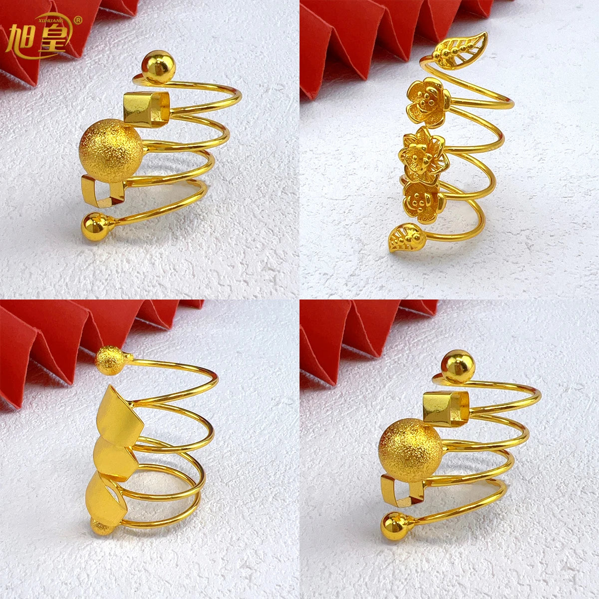 Brazilian Spiral Ring Women 24K Gold Plated Wedding Bride Arabic Ethiopian Dubai Big Nigerian Jewellery Moroccan Resizable