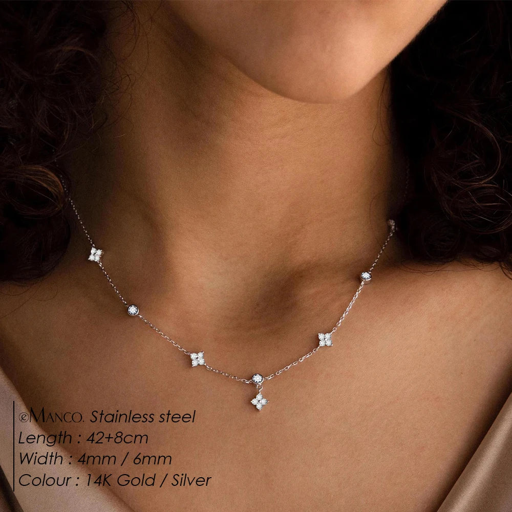 eMancoStainless Steel Plated 14K Gold Sparkling Zircon Flower Necklace for Women Girl Exquisite Party Jewelry Gifts
