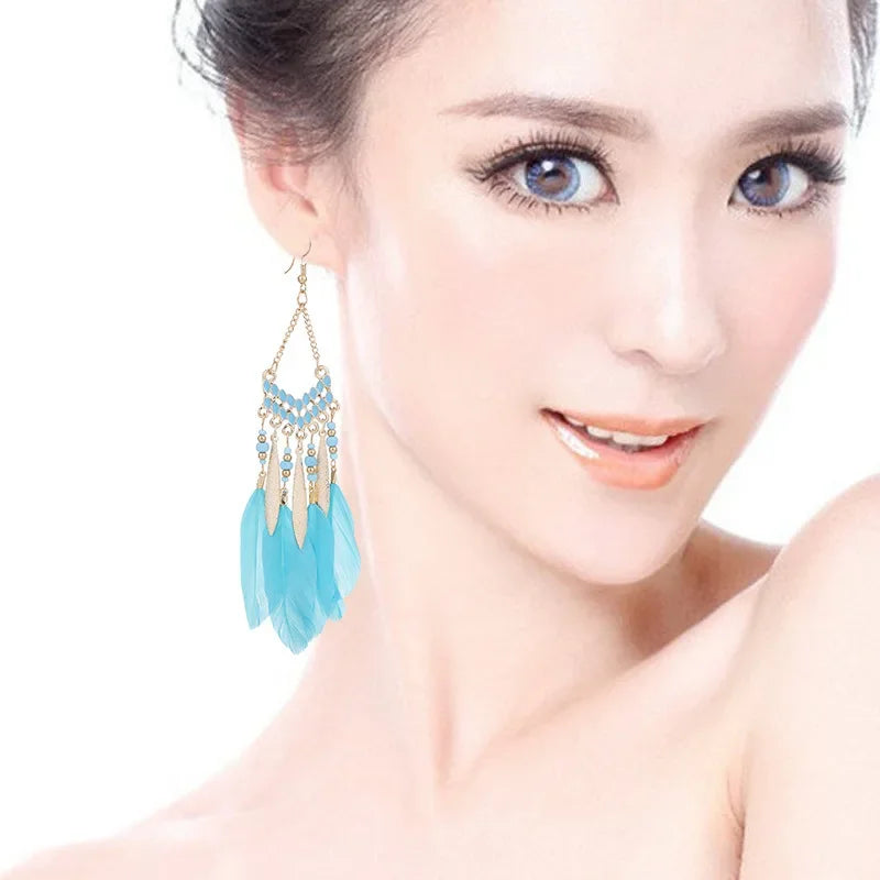 Bohemian Ethnic Feather Dangle Earrings For Women Trendy Long Tassel Colorful Beads Drop Earrings Girl Female Boho Jewelry