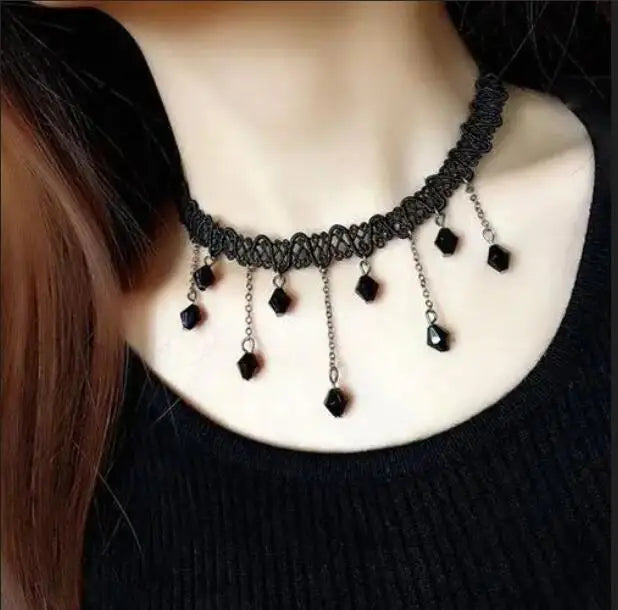 Gargantilla de terciopelo negro para mujer, collar vintage de encaje con estrellas negras y colgantes, regalo gótico para chica, joyería para el cuello.