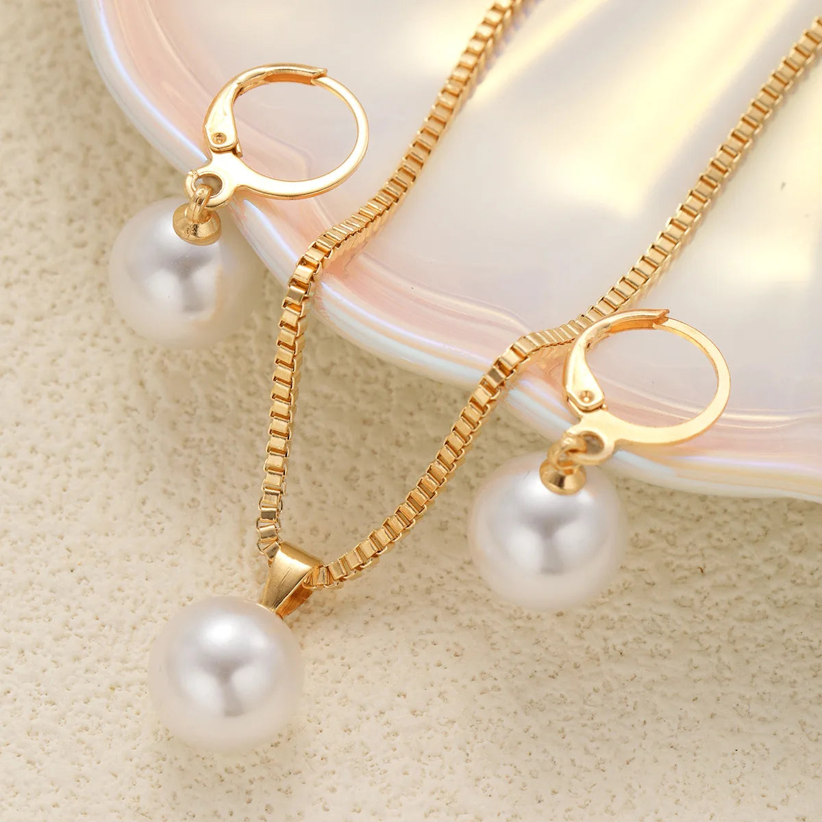 LATS 3 Pcs/Set Round Pearl Pendant Necklace For Women Exquisite Fashion Rhinestone Double Earring Wedding Jewelry Set Gift