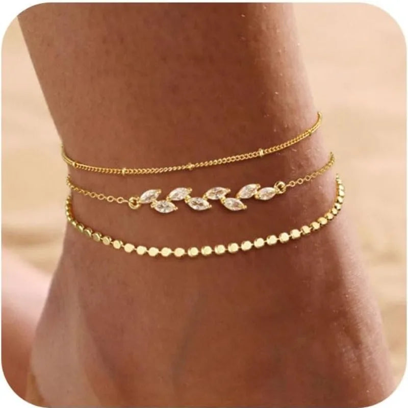 Ankle Bracelets for Women Girls Waterproof Boho 14K Gold Plated STAINLESS STEE Bead Satellite Layered Anklets Set jewelry Gifts