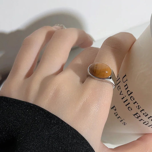Anéis de pedra opala marrom vintage da moda para mulheres e meninas, cor prata, anel de abertura redonda irregular, joia estética, presente 2024, novo