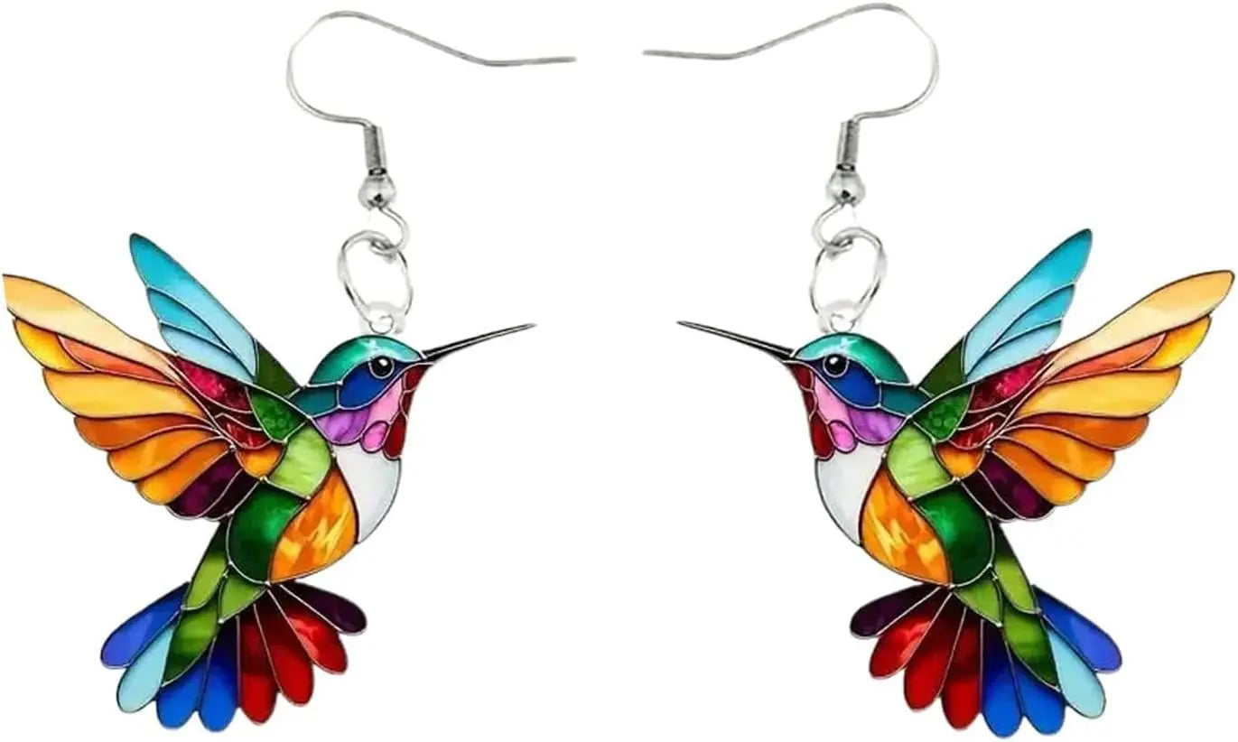 Colorful Hummingbird Bird Dangle Earring Necklaces, 2D Hummingbird Necklace, Birds Necklace For Women Girs Bird Lovers