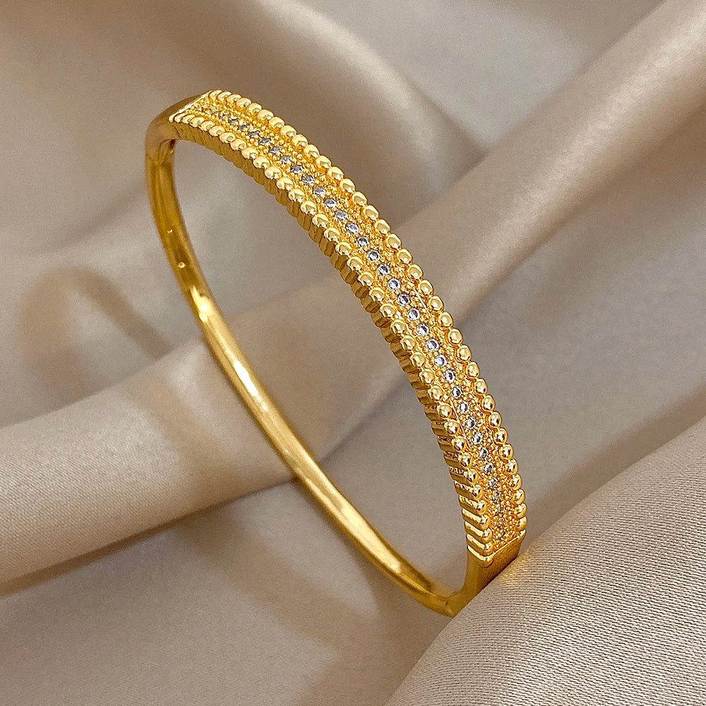 Flashbuy Gold Color Chic Inlaid Zircon Copper Bangle Bracelet For Women Statement New Design Temperament Wrist Fashion Jewelry