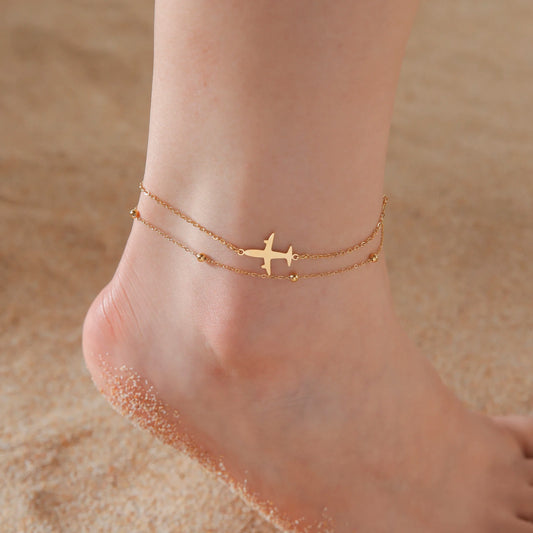 Kkjoy Stainless Steel Bohemia Gold Color Aircraft Anklets Two Layer Foot Legs Anklet Luxury Foot Chain Jewelry Accessories Gifts